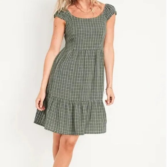 Old Navy Womens Large Fit & Flare Cap-Sleeve Plaid Smocked Mini Dress Boho Green - Picture 1 of 10